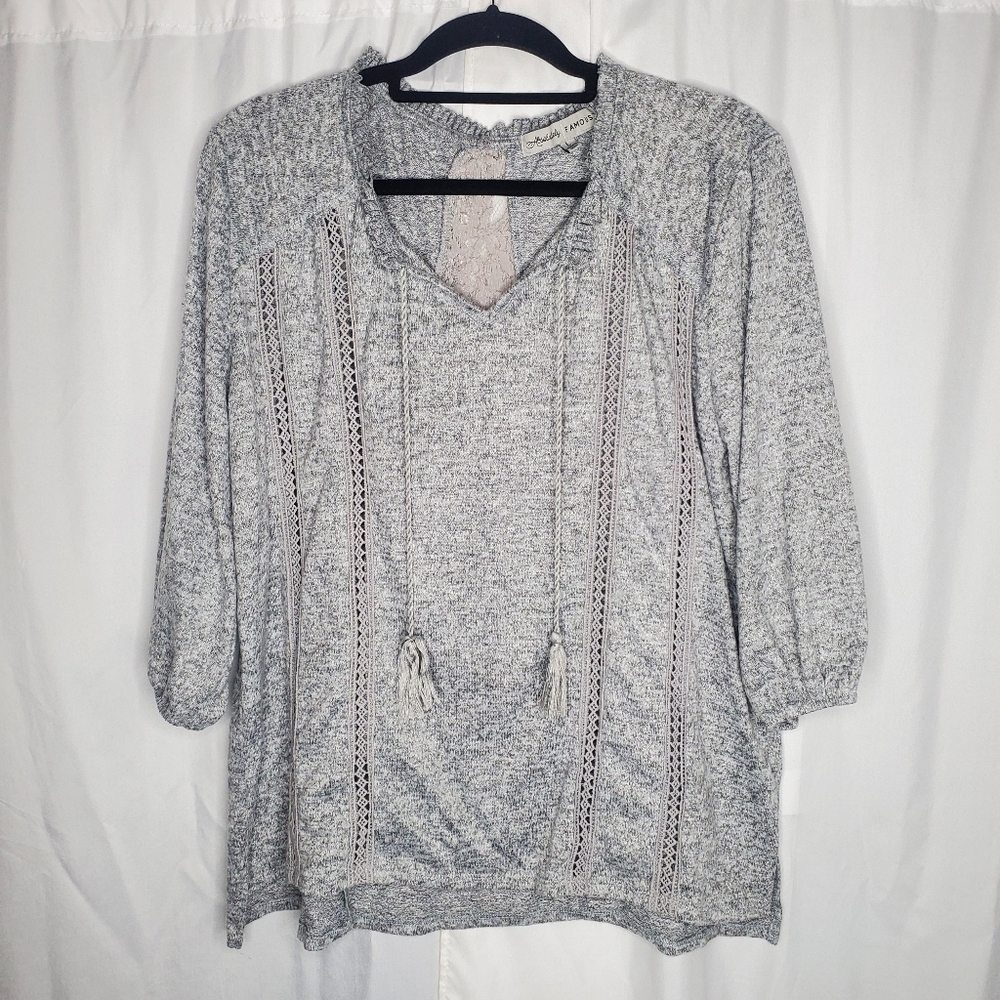 ♧ Absolutely Famous Split Neck Heather Gray Peasant Top Size Large